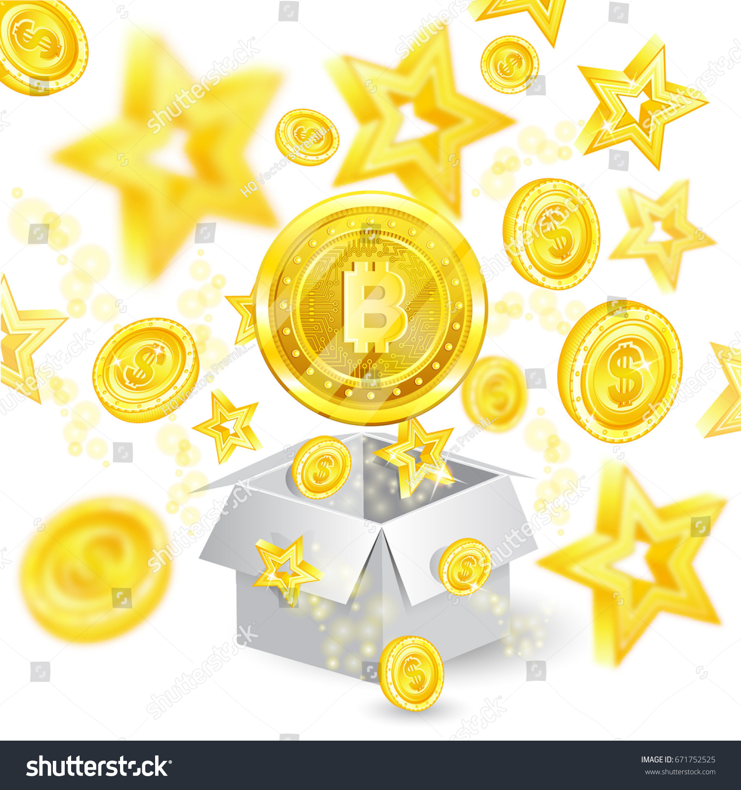 SVG of Golden bit coin in the center of flying coins and stars with depth of field effect from open gift box with  svg