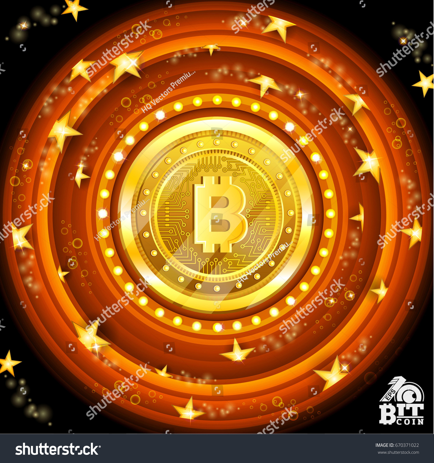SVG of Golden bit coin in the center of orange round frames with stars svg