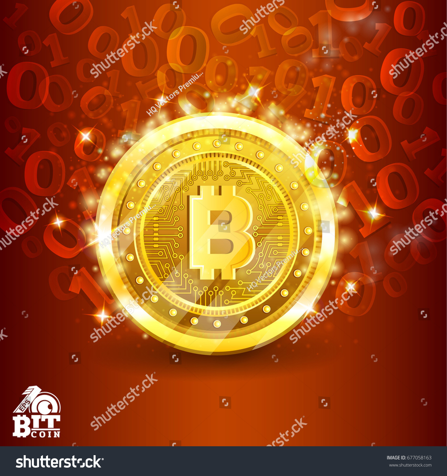 SVG of Golden bit coin in the center of red background with binary code. Abstract vector glossy business background svg