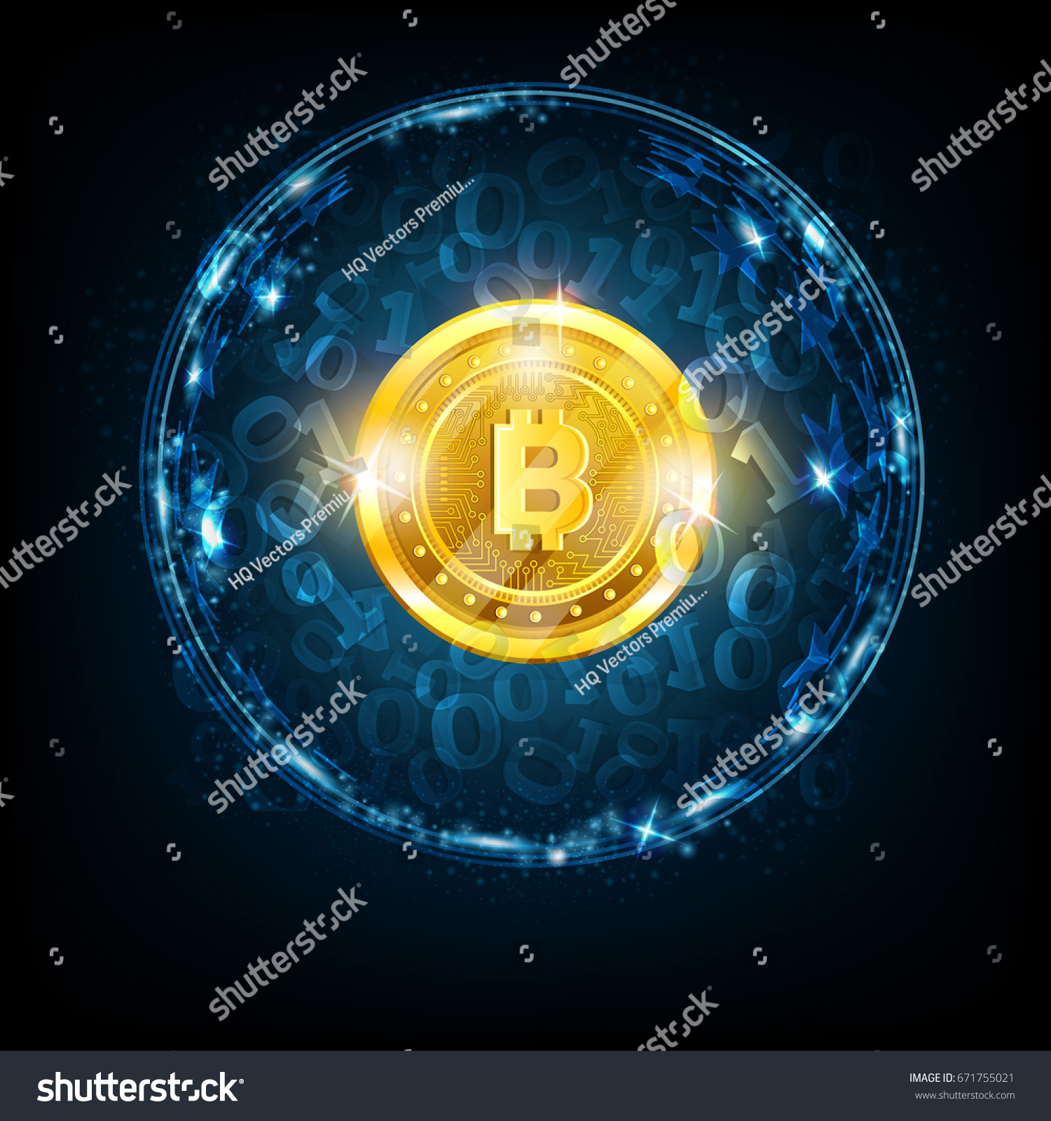 SVG of Golden bit coin in the center of round sphere with binary code on dark blue background svg