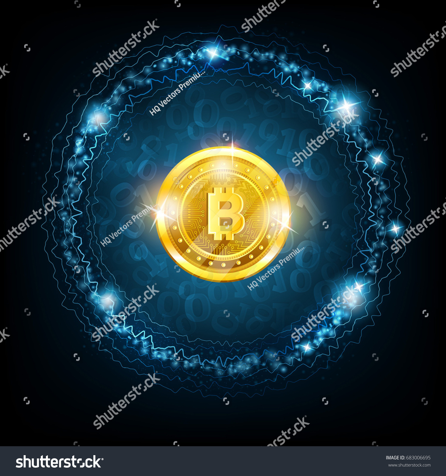 SVG of Golden bit coin in the center of round sphere with binary code on dark blue background svg