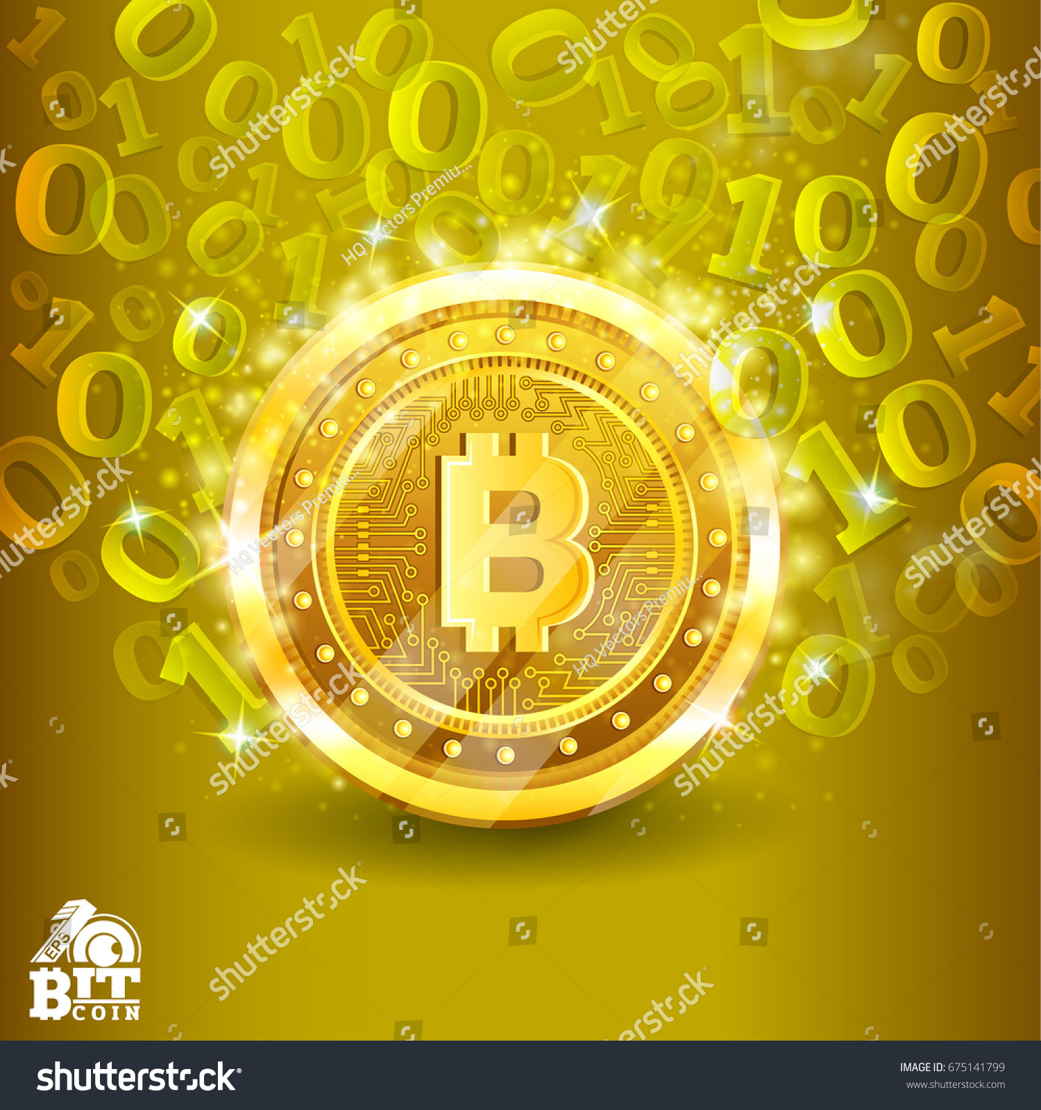 SVG of Golden bit coin in the center of yellow background with binary code. Abstract vector glossy business background svg