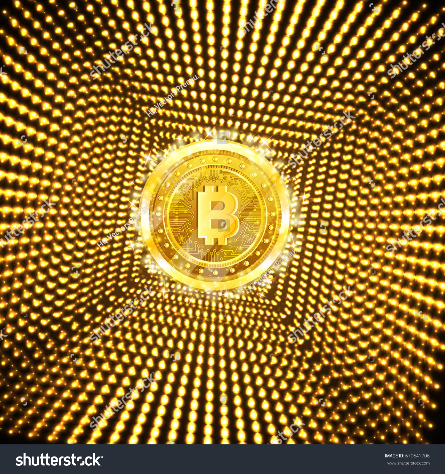 SVG of Golden bit coin in the center of yellow square tunnel from shiny dots svg