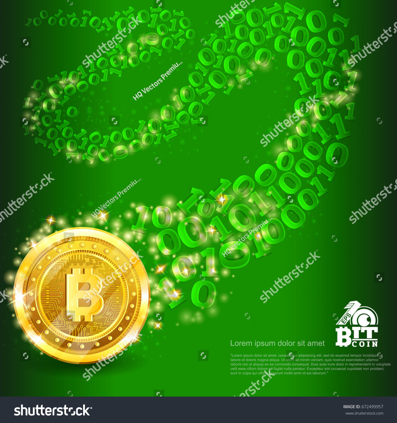 SVG of Golden bit coin with binary code trail on green. Abstract vector glossy business background svg