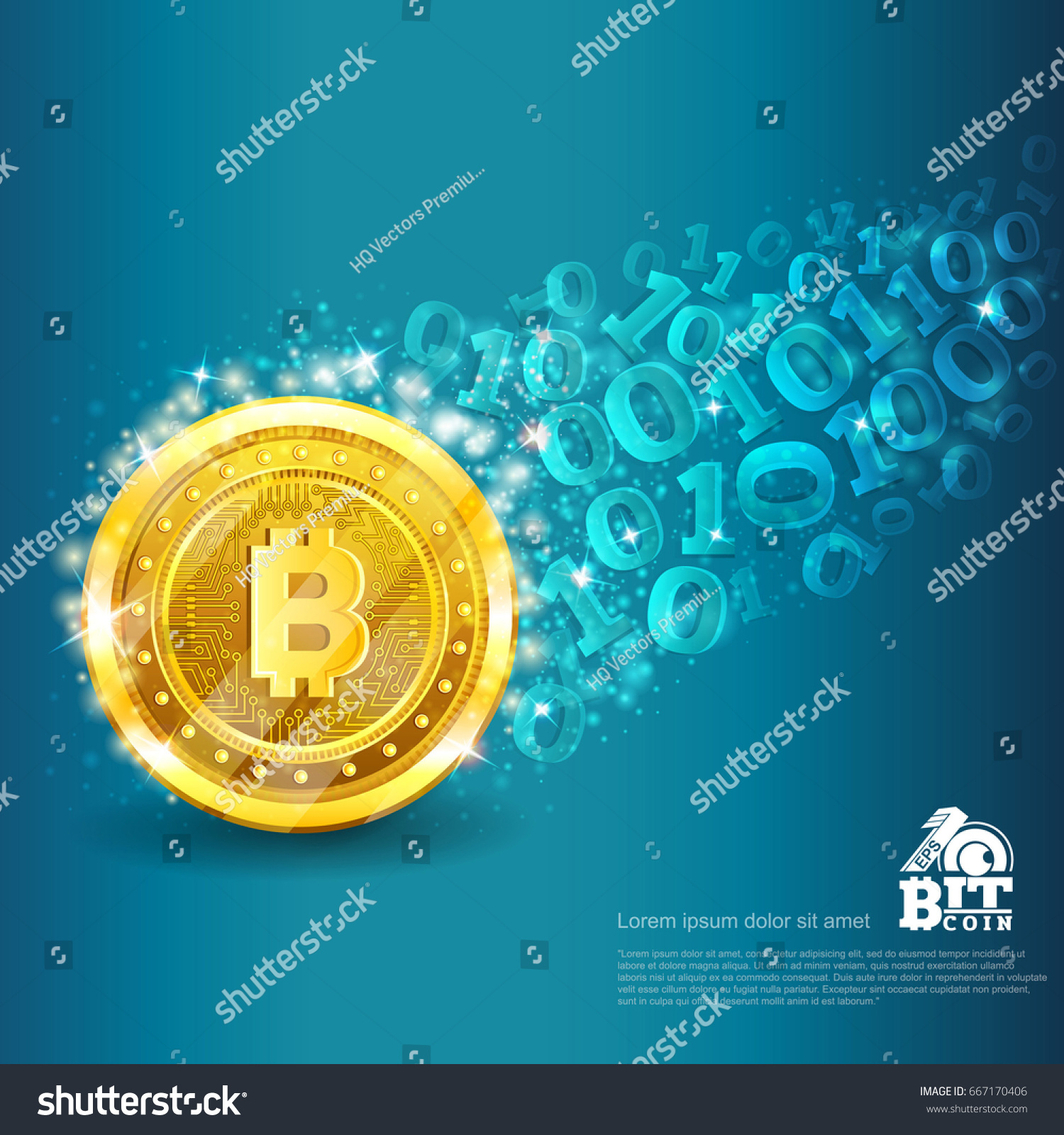 SVG of Golden bit coin with trail from binary code on blue. Abstract vector glossy business background svg