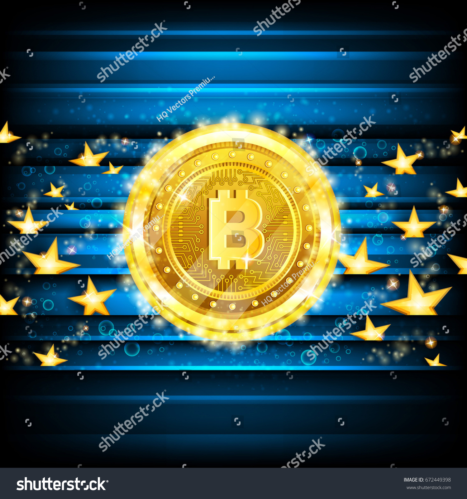 SVG of Golden bit coins and stars on blue glossy background svg
