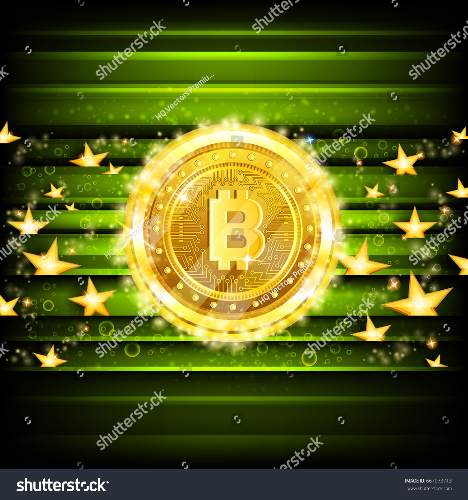 SVG of Golden bit coins and stars on green glossy background svg