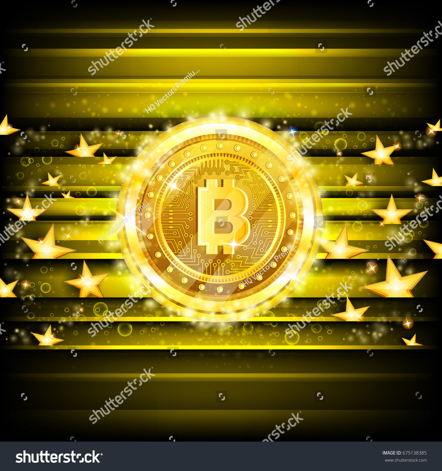 SVG of Golden bit coins and stars on yellow glossy background svg