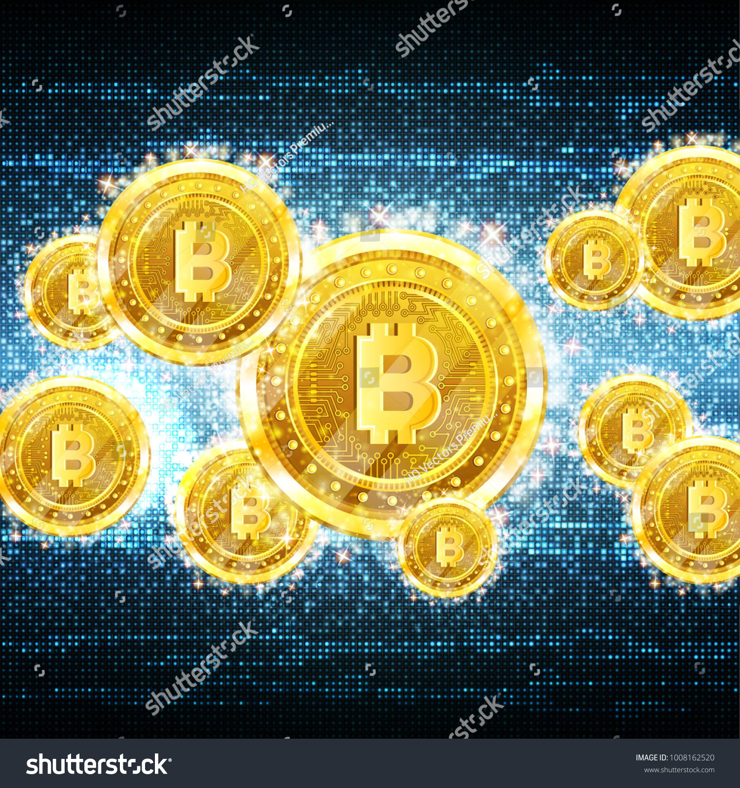 SVG of Golden bit coins flying on blue abstract noise background svg
