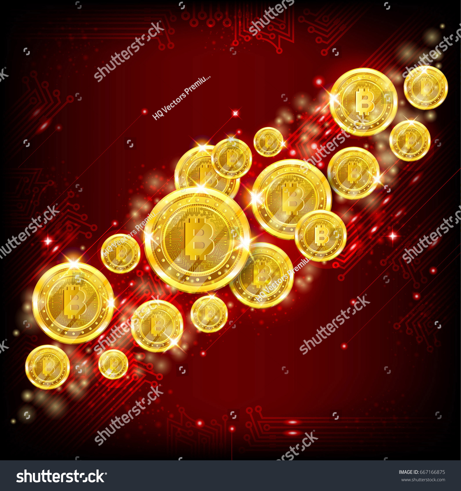 SVG of Golden bit coins flying on red background. Abstract vector glossy red background svg