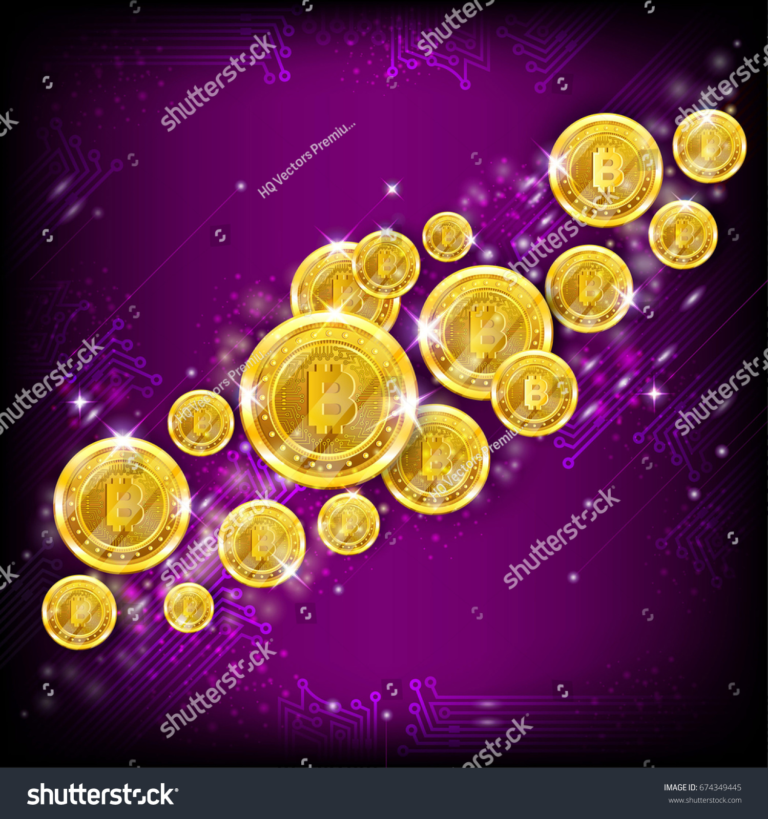 SVG of Golden bit coins flying on violet square background svg
