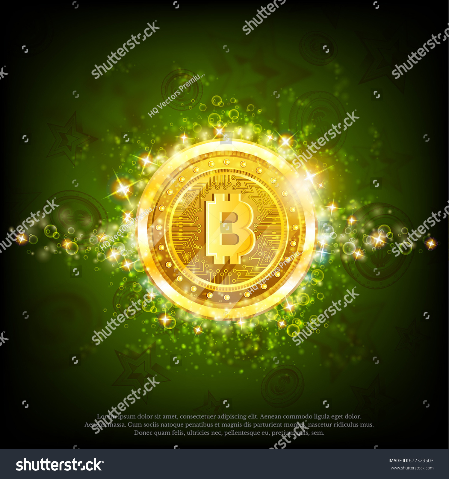 SVG of Golden bit coins with shiny sparkles in center on green glossy background svg
