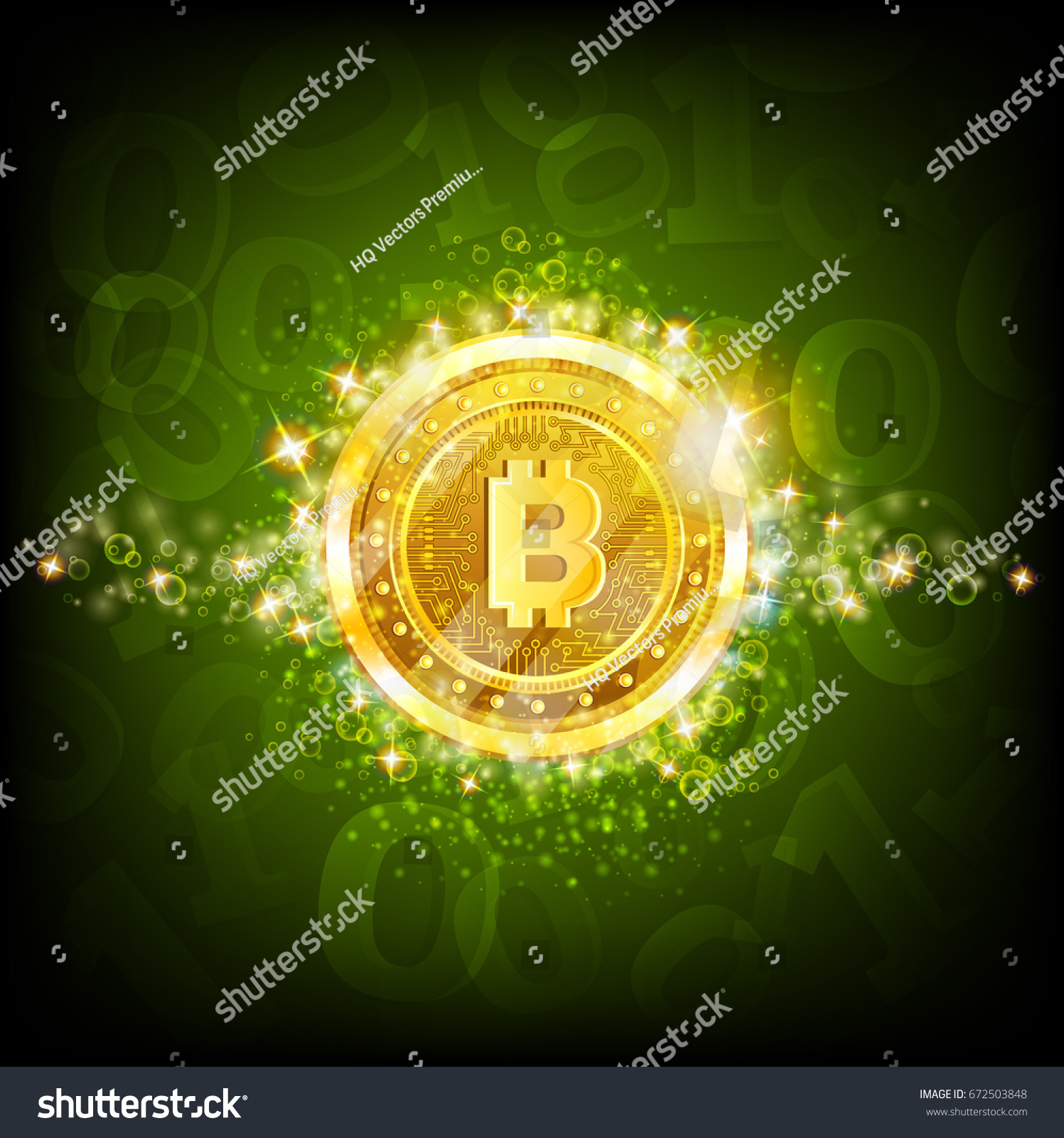 SVG of Golden bit coins with shiny sparkles in center on green glossy background with binary code svg