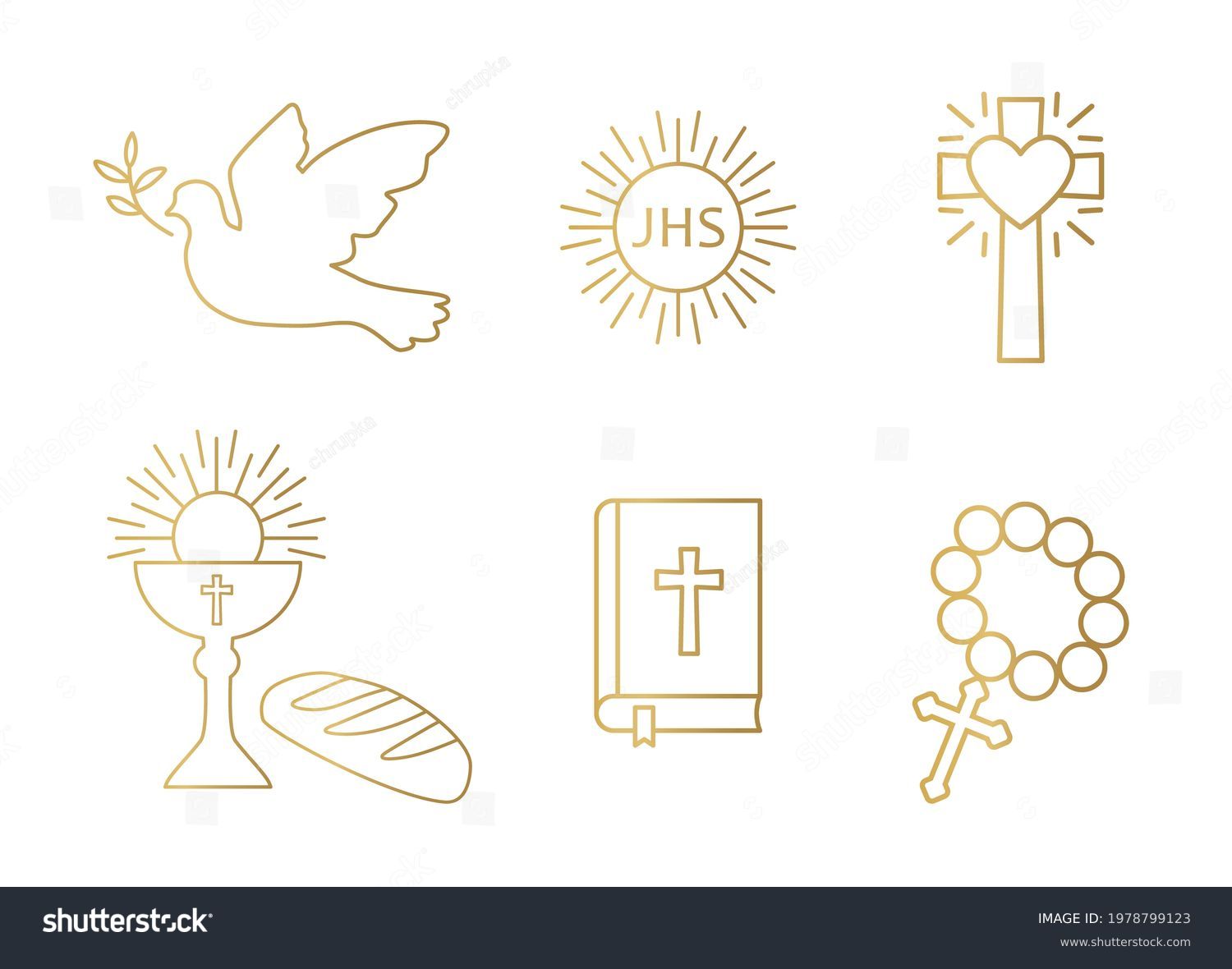 SVG of golden christianity icon set; dove, holy communion, cross, chalice and bread, bible and rosary - vector illustration svg