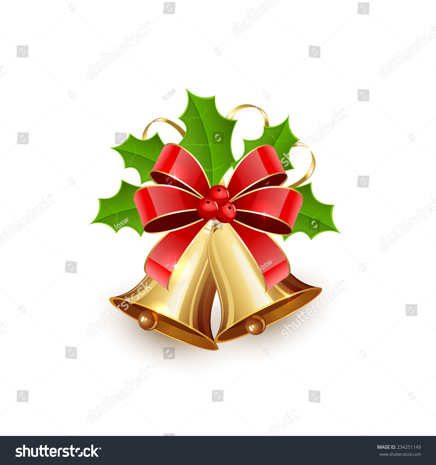 Golden Christmas Bells With Red Bow, Tinsel And Holly Berries Isolated ...