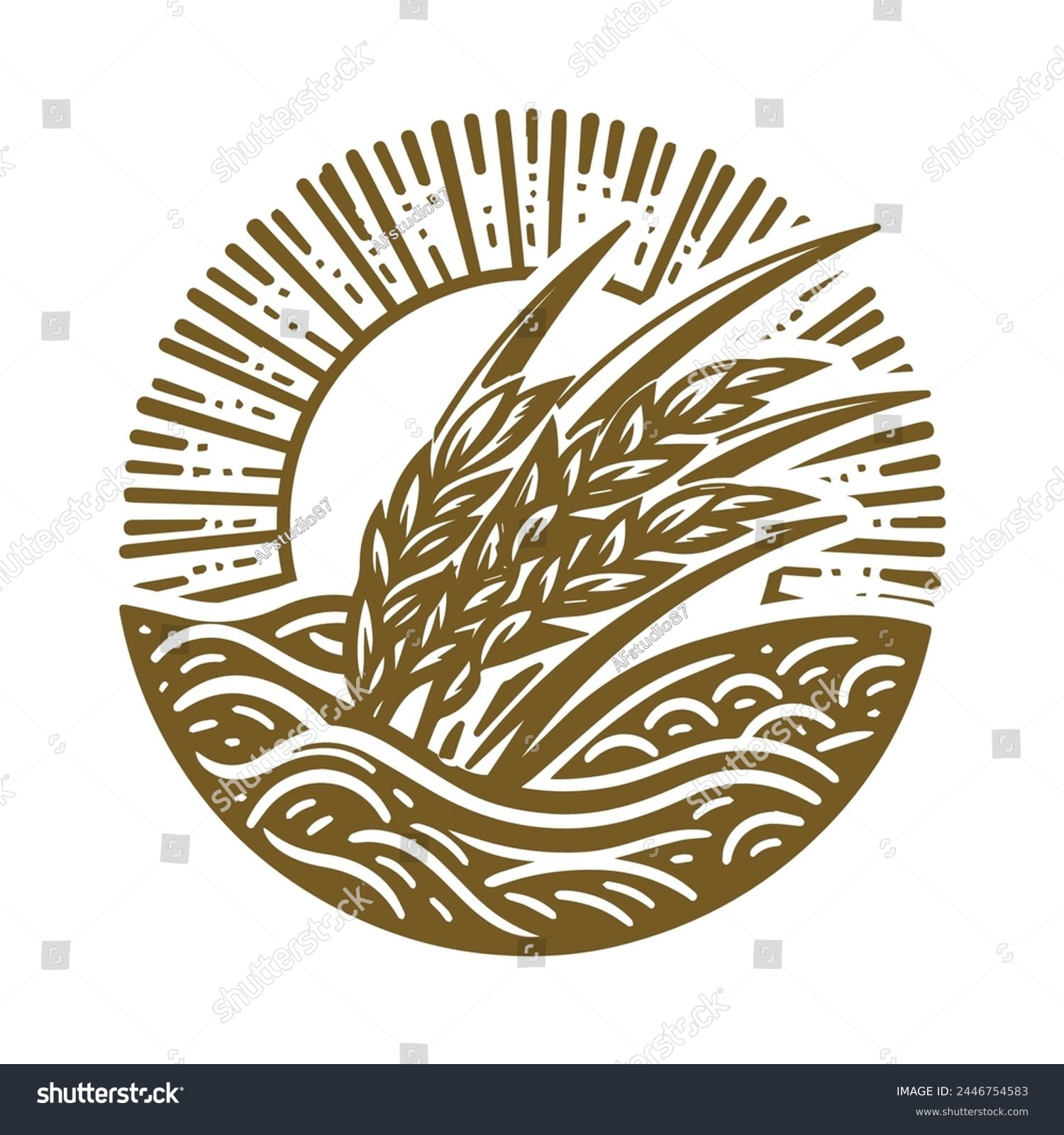 SVG of Golden Circular Sun with Wheat Rice Land Farm Symbol Illustration Vector svg