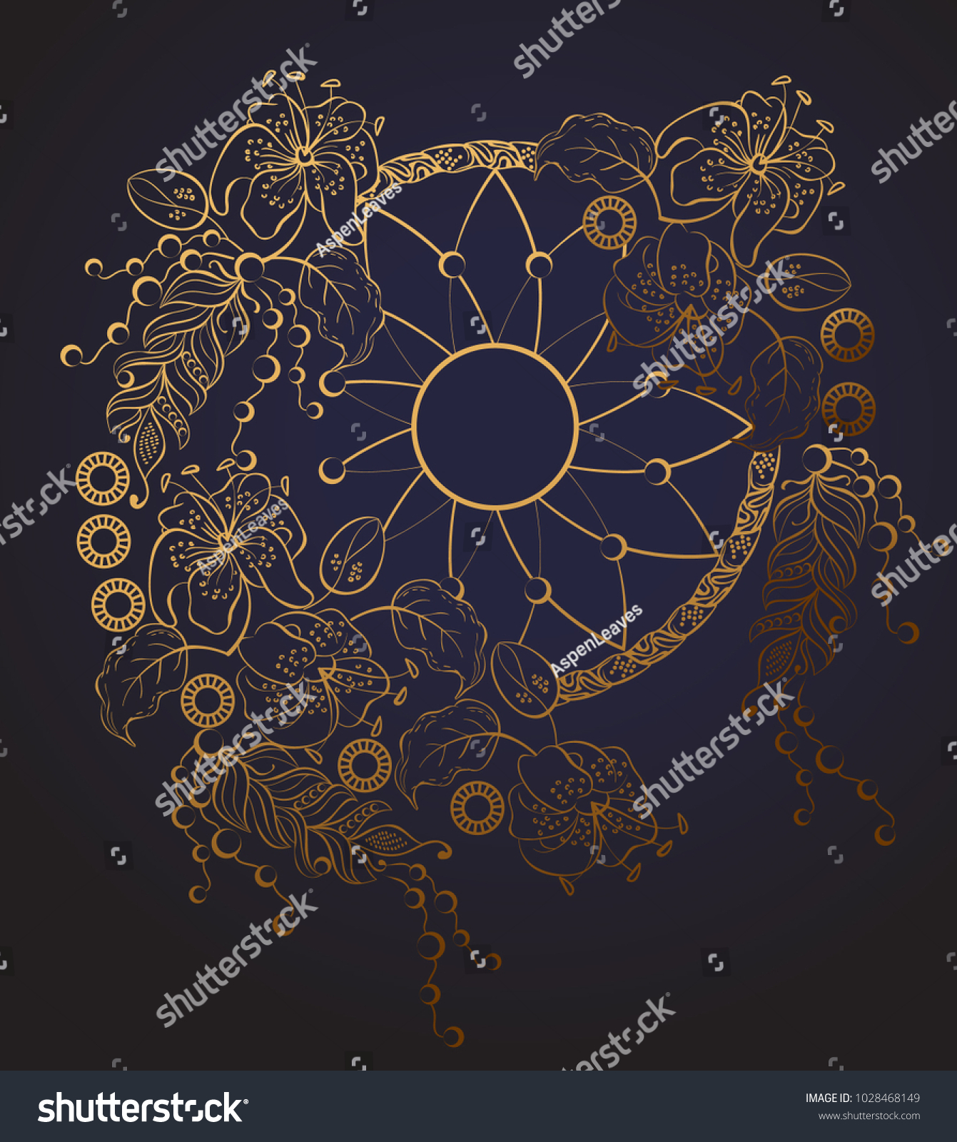SVG of Golden dream catcher made with a gradient with flowers, lilies, leaves, beads, pearls, cobwebs, thread, bird feathers on a dark blue background. Boho chic style svg