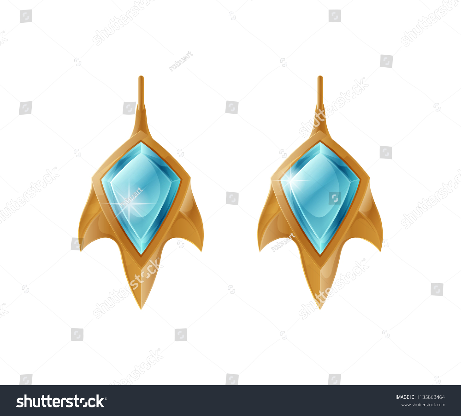 SVG of Golden earrings leaf shape isolated on white vector illustration female stylish accessories with blue stones, golden or platinum decoration for ears svg