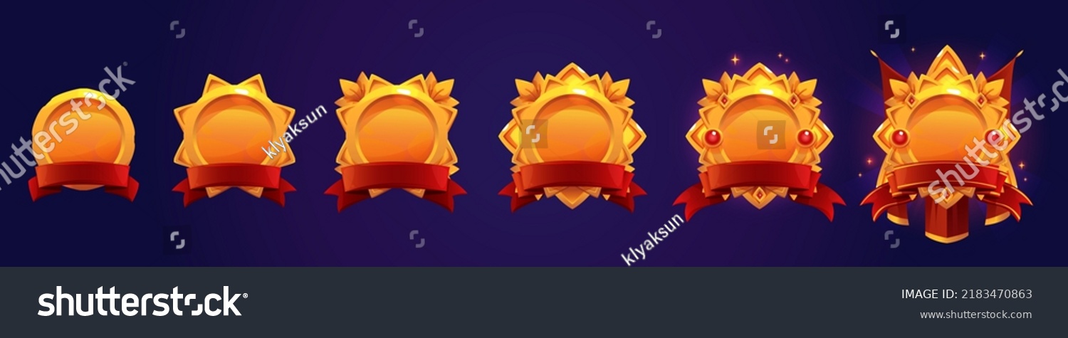 SVG of Golden game avatar frames, award badges, level ui icons. Empty gold banners with red ribbons. Isolated bonus graphic elements, reward, trophy achievement and prize Cartoon vector illustration, set svg