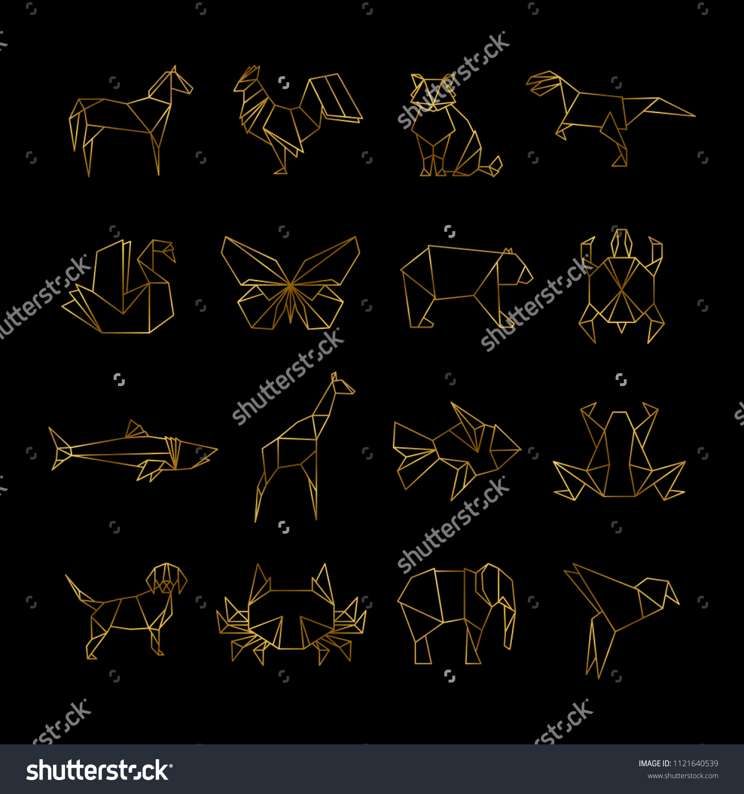 Golden Japanese Origami Paper Animals Vector Stock Vector (Royalty Free