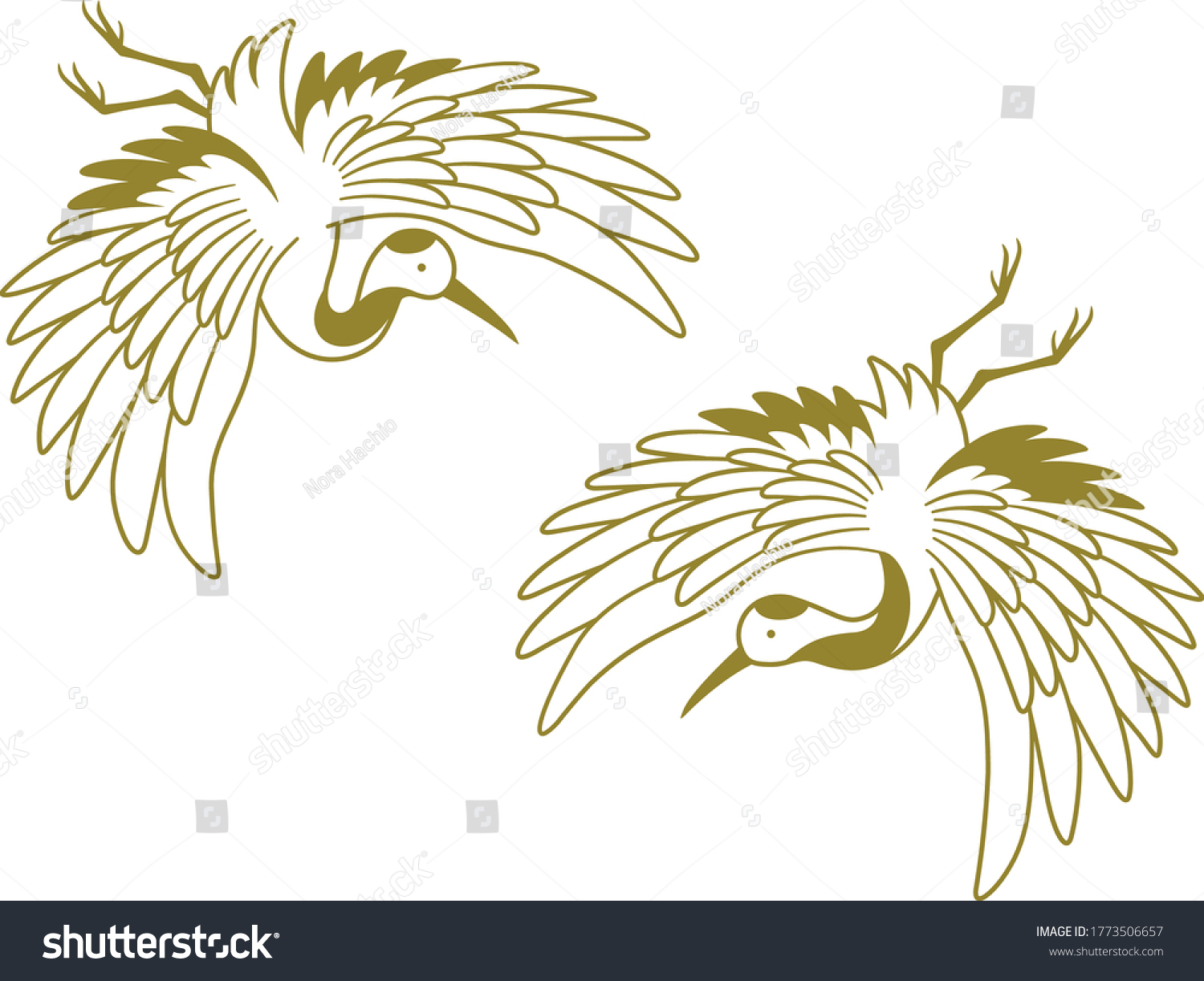 Golden Line Drawing Illustration Two Cranes Stock Vector (Royalty Free ...