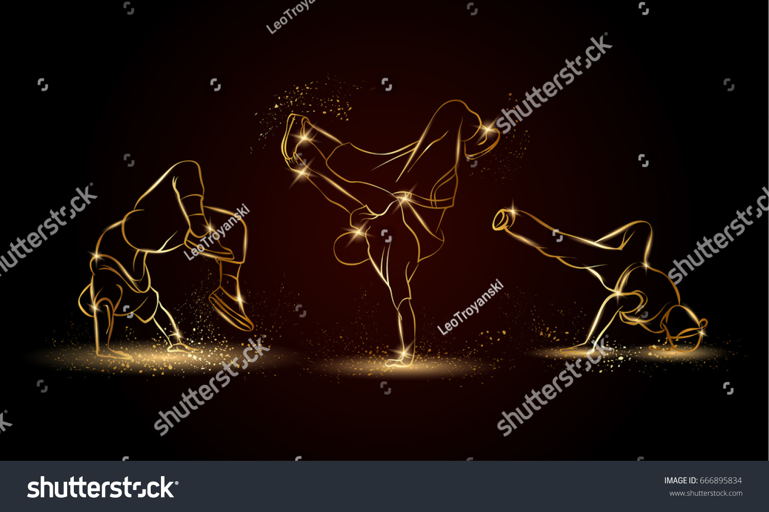 SVG of Golden linear b-boys dancers set on dark background. Hip hop dance background for poster and flyer. svg