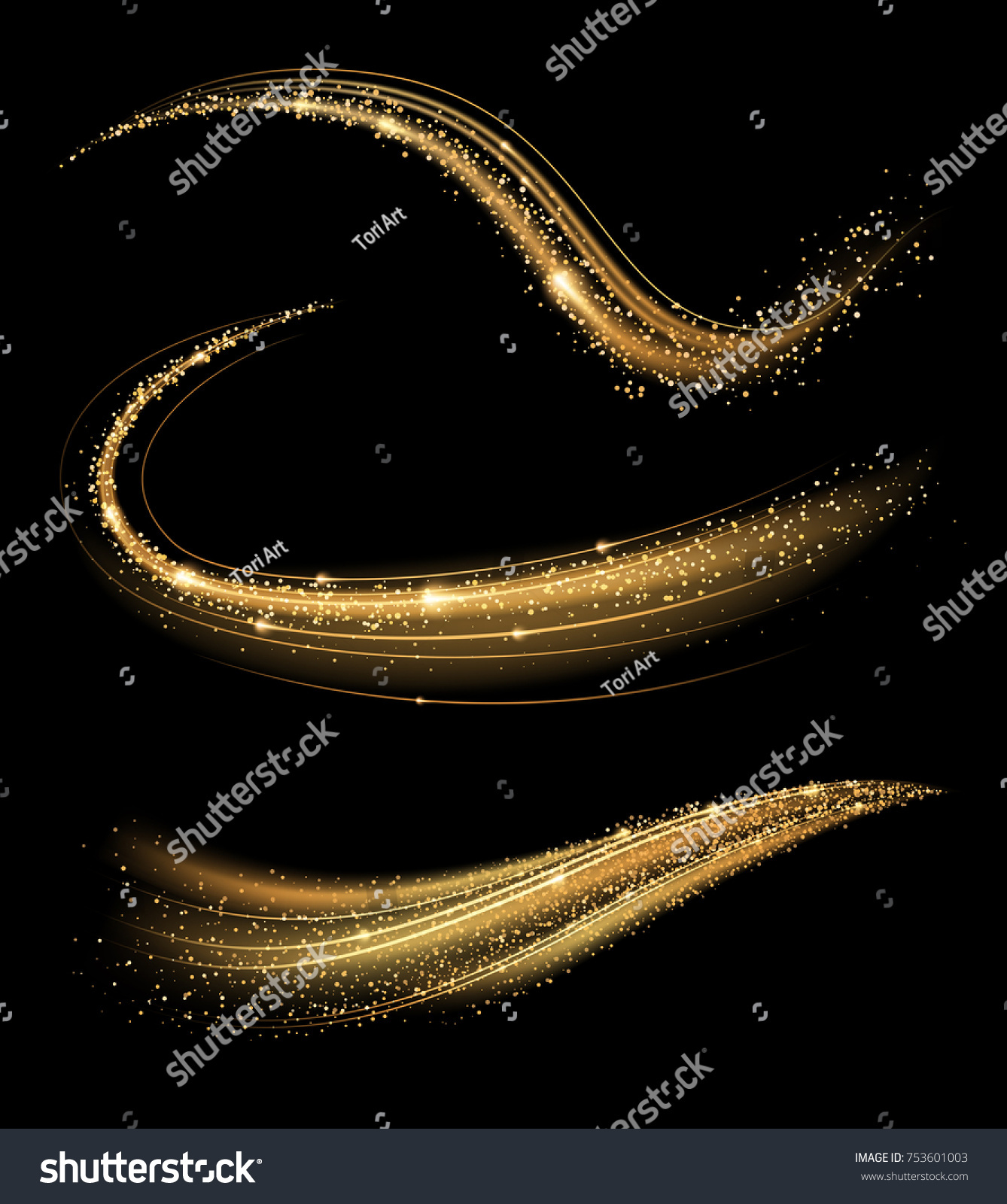 黒い背景に金色の輝く波と明るい効果 キラキラ輝く砂塵の道 抽象的な動き 魔法の渦線 のベクター画像素材 ロイヤリティフリー