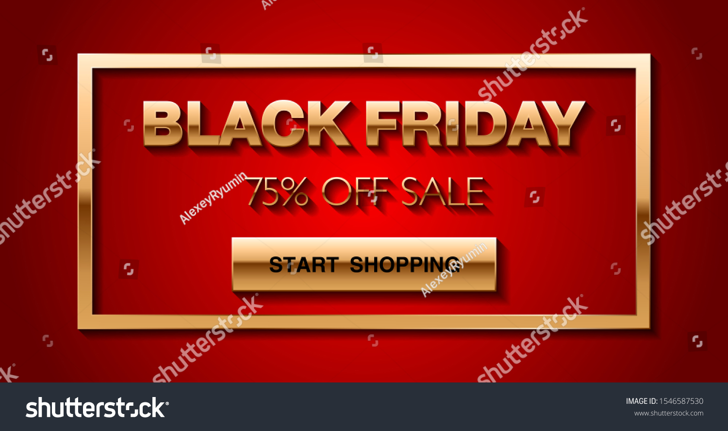 Golden text and frame on red gradient background. Black Friday Sale and Start Shopping lettering. Vector layout template for social media post, website, banner or email marketing.

