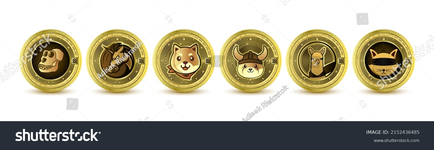 SVG of Golden token cryptocurrency. Future currency on blockchain stock market digital online. Coins crypto currencies ApeCoin, 1inch, Alpaca Finance, Ryoshis Vision, Akita Inu, Floki inu. Isolated Vector. svg