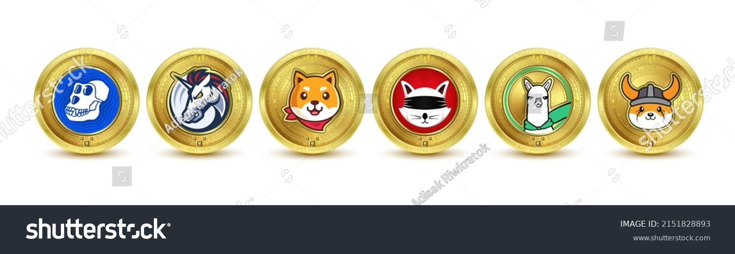 SVG of Golden token cryptocurrency. Future currency on blockchain stock market digital online. Gold coins crypto currencies ApeCoin, 1inch, Alpaca Finance, Ryoshis Vision, Akita Inu, Floki inu. 3d Vector. svg
