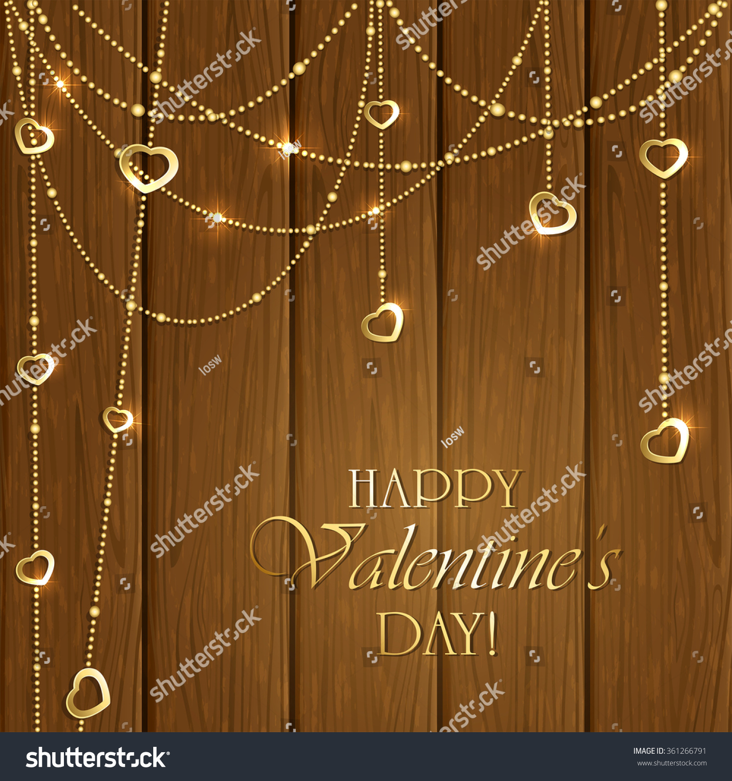 Golden Valentines Decorations Hearts On Wooden Stock Vector