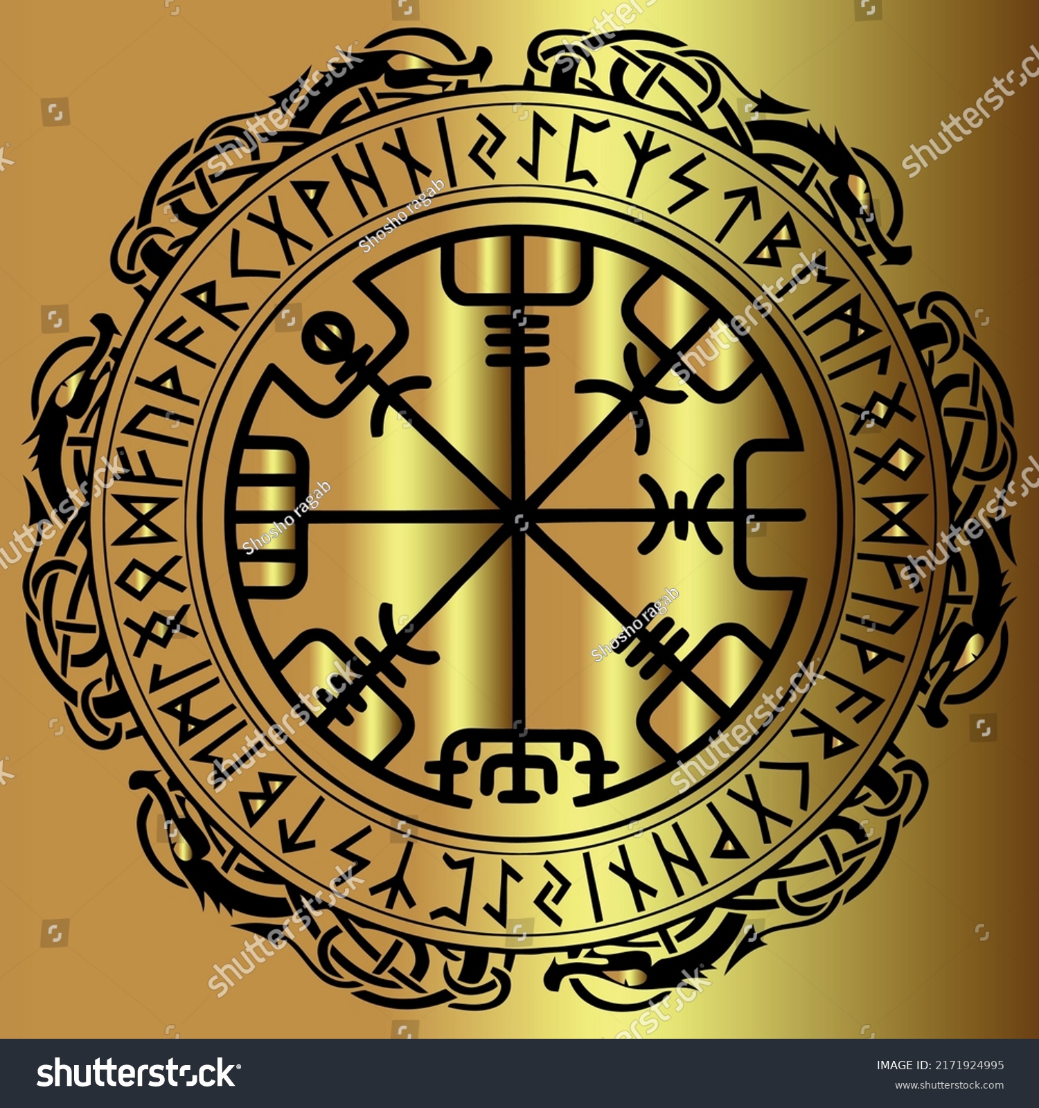 Golden Viking Design Magical Runic Compass Stock Vector (Royalty Free ...