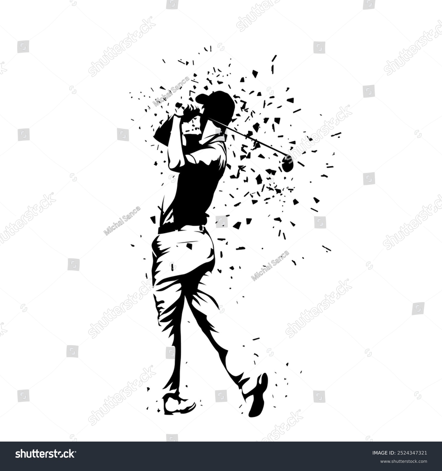 black and white golfer swinging, abstract style clip art preview