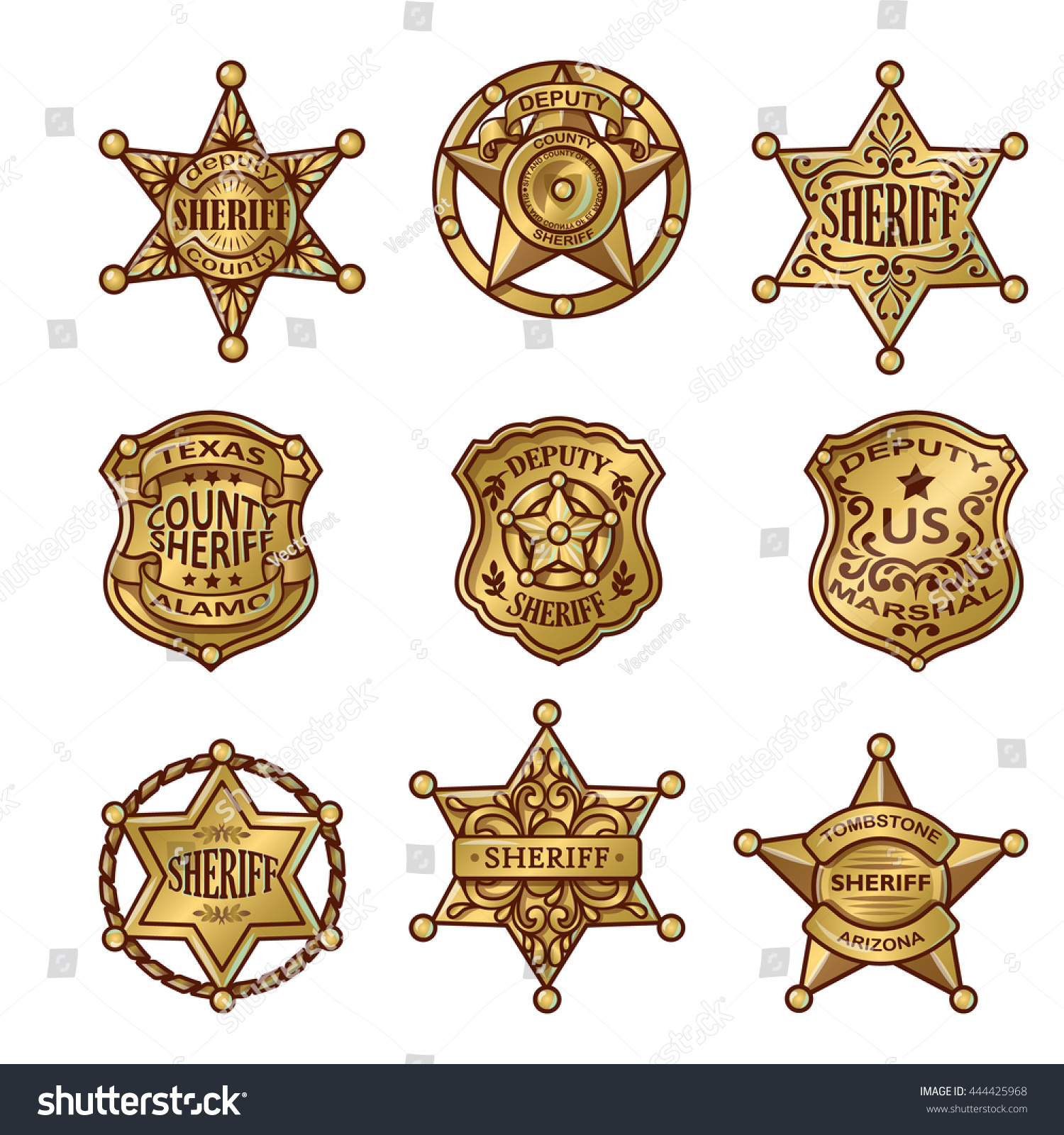 SVG of Golgen sheriff badges with stars and shields ribbons flourishes laurel on white background isolated vector illustration svg