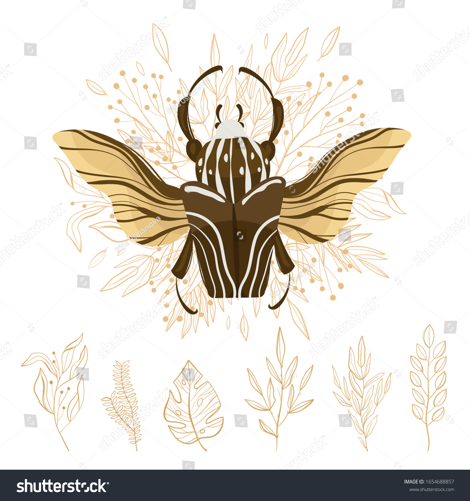 brown beetle with beige wings and floral elements clip art preview