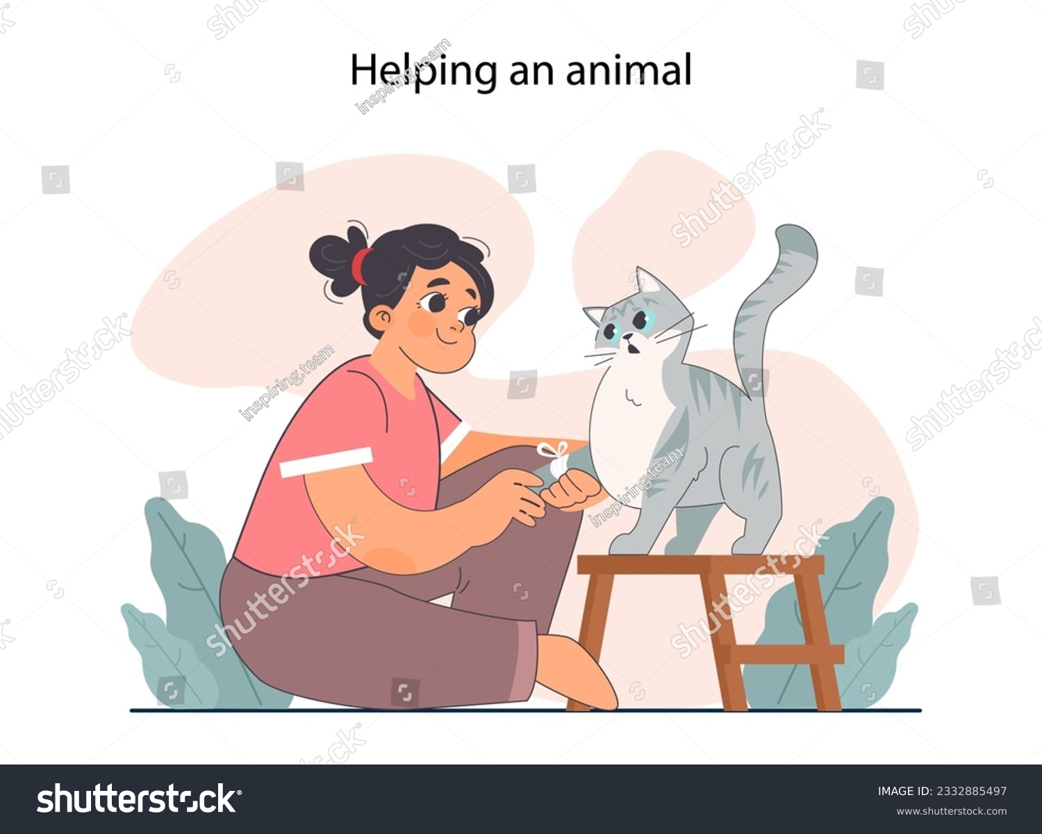 SVG of Good action or deed. Concept of sharing kindness. Empathy and help. Little girl treating the injured cat. Animal with wounded paw. Flat vector illustration. svg