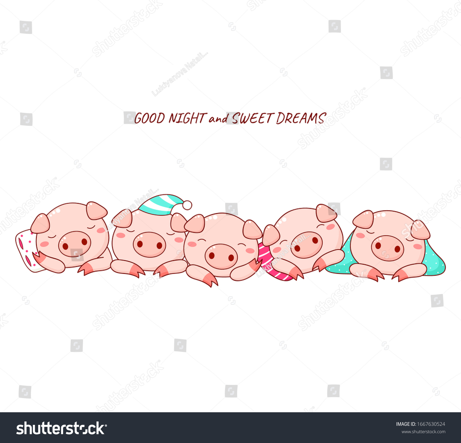 SVG of Good night and sweet dreams. Five cute sleeping pigs in kawaii style. Isolated on white background. Vector EPS8 illustration svg