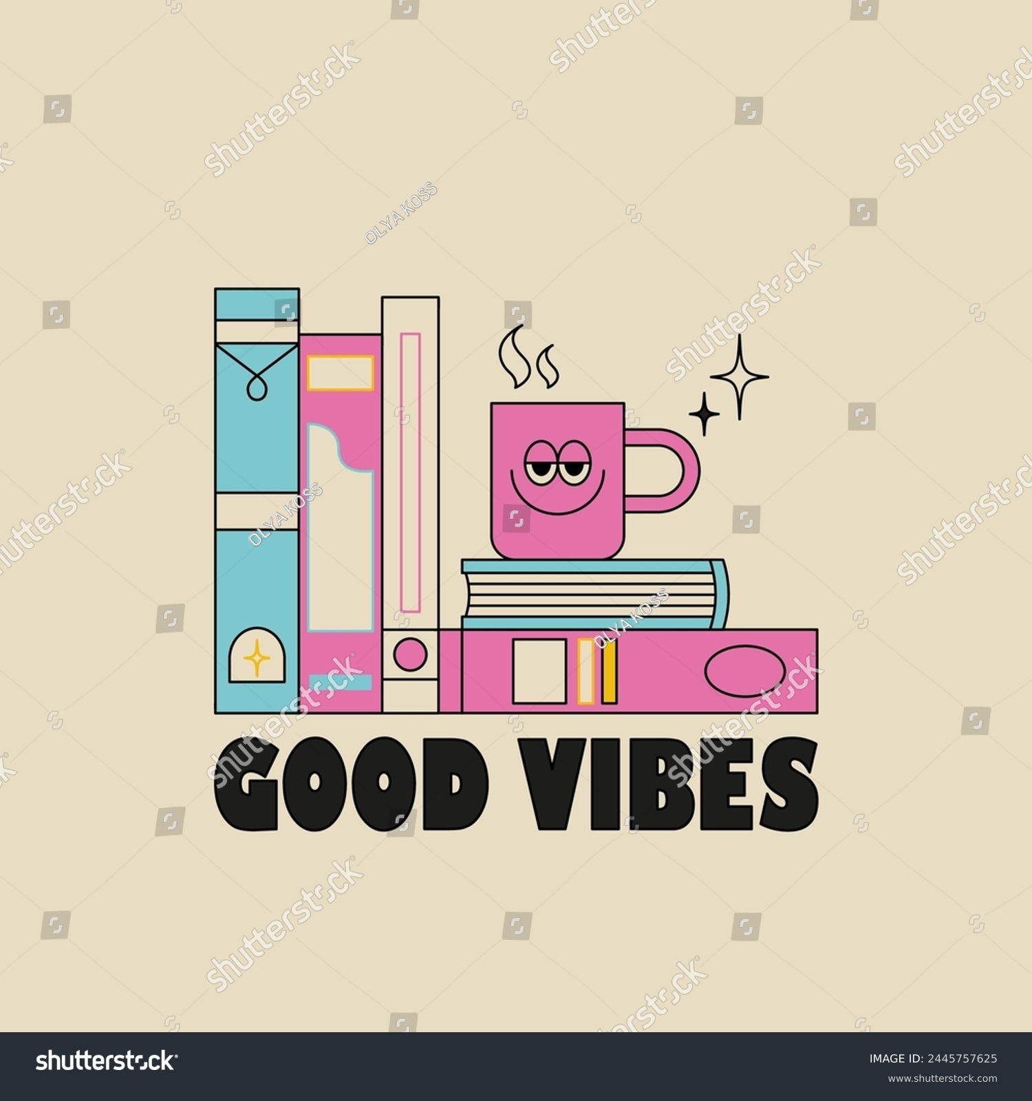SVG of Good vibes. Cup and books. Vintage poster, color, line art groovy character. Mascot. svg