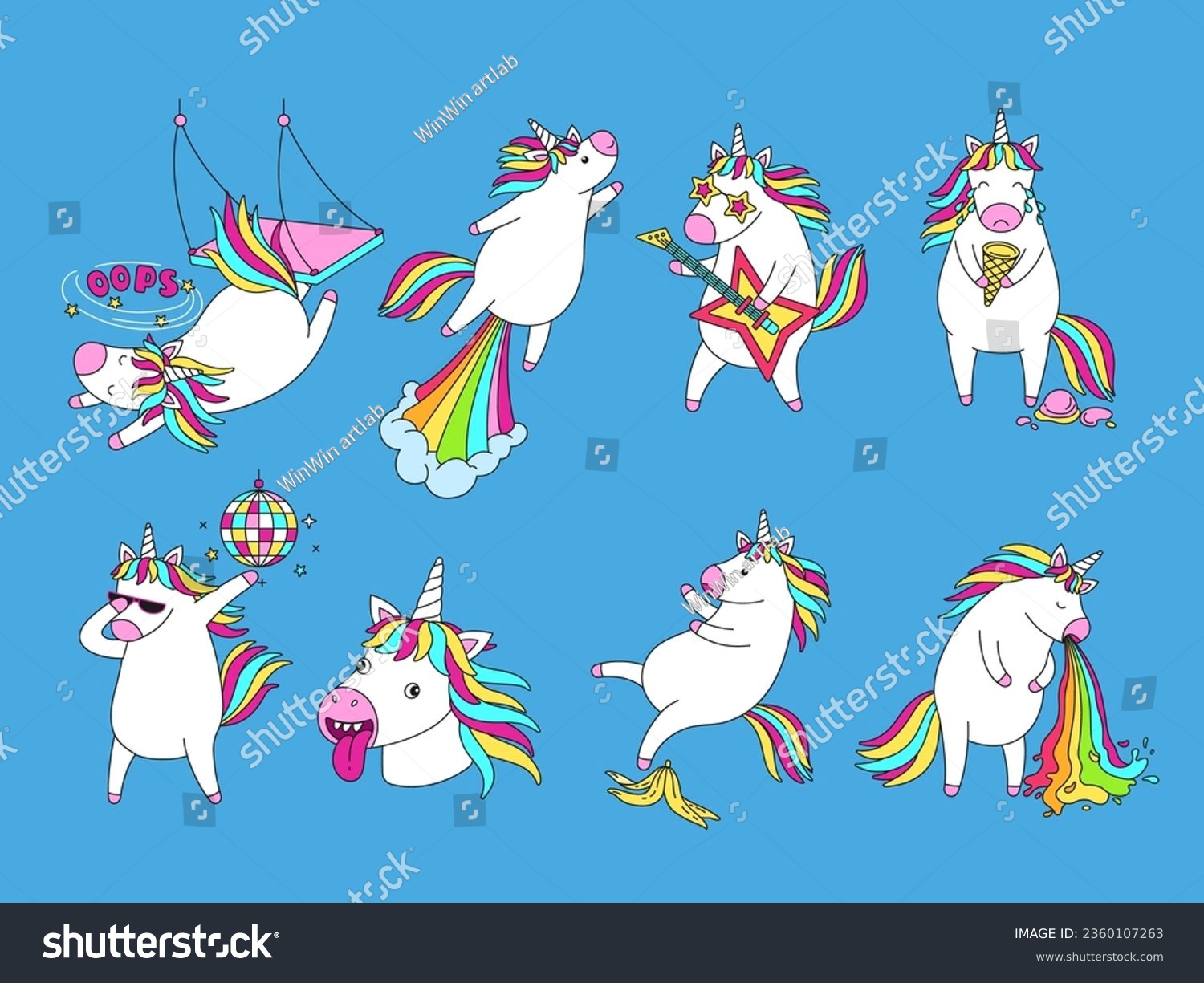 SVG of Goofy cartoon unicorns. Funny dumb magic unicorn face, failure fall and rainbow launch. Dabbing dance, fabulous rock star and crying horse vector illustration set. Fantasy animal, dream character svg