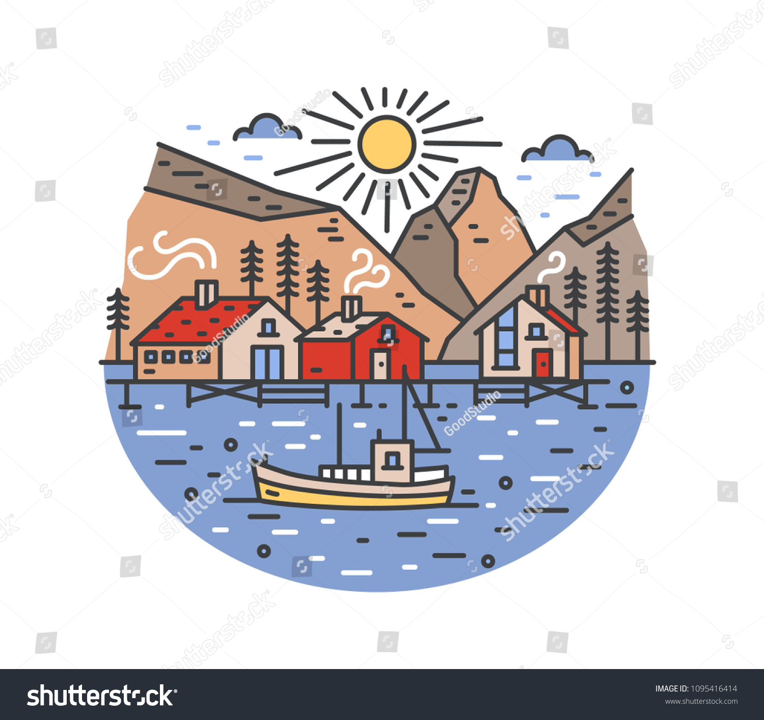 recommend clip art: Gorgeous landscape with boat sailing in sea and passing by stilt houses, spruce trees and mountains. Marine journey or adventure travel location. Colored vector illustration in modern line art style