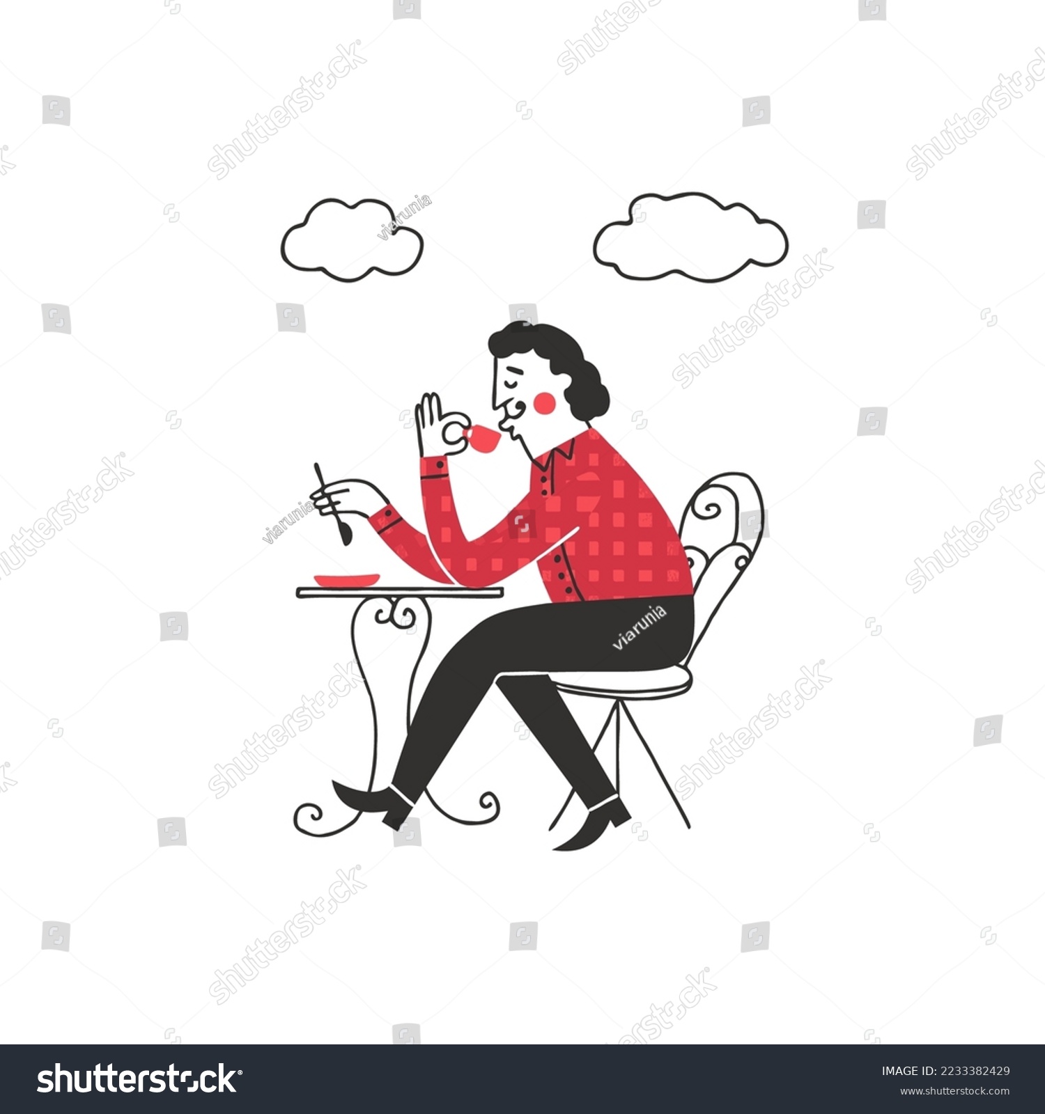 SVG of Gourmet man drinking cofee in a french cafe. Parisian man drinks tea on the outdoor terrace of the restaurant. Vector illustration in a hand drawn style svg
