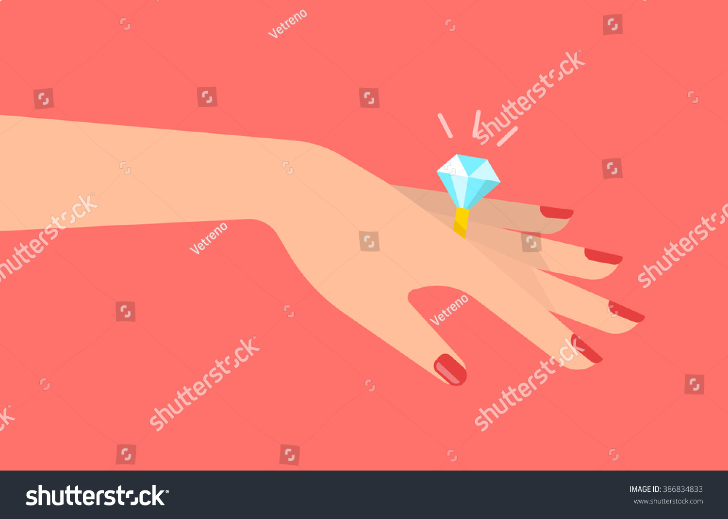 SVG of Graceful women's hand with a beautiful ring with a big shining diamond. A marriage proposal and wedding concept. Isolated vector illustration flat design. svg