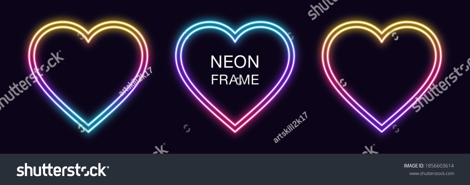 SVG of Gradient neon heart Frame. Vector set of romantic neon Border with double outline. Heart shape with copy space, graphic element for Valentine day and social media stories. Rainbow, iridescent color svg