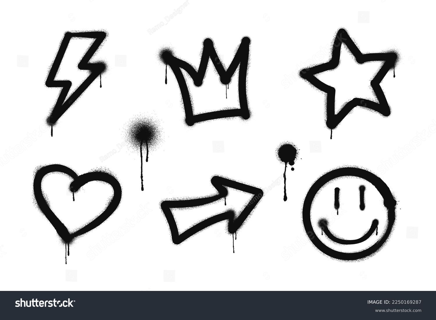 SVG of Graffiti drawing symbols set. Painted graffiti spray pattern of lightning, arrow, crown, star, heart and smile. Spray paint elements. Street art style illustration. Vector. svg
