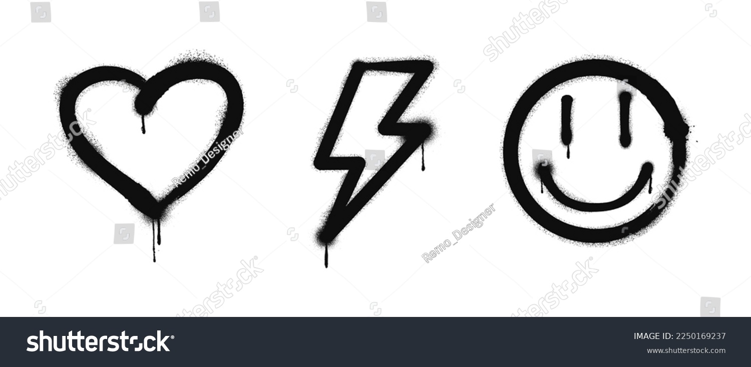 SVG of Graffiti drawing symbols set. Painted graffiti spray pattern of lightning, heart and smile. Spray paint elements. Street art style illustration. Vector svg