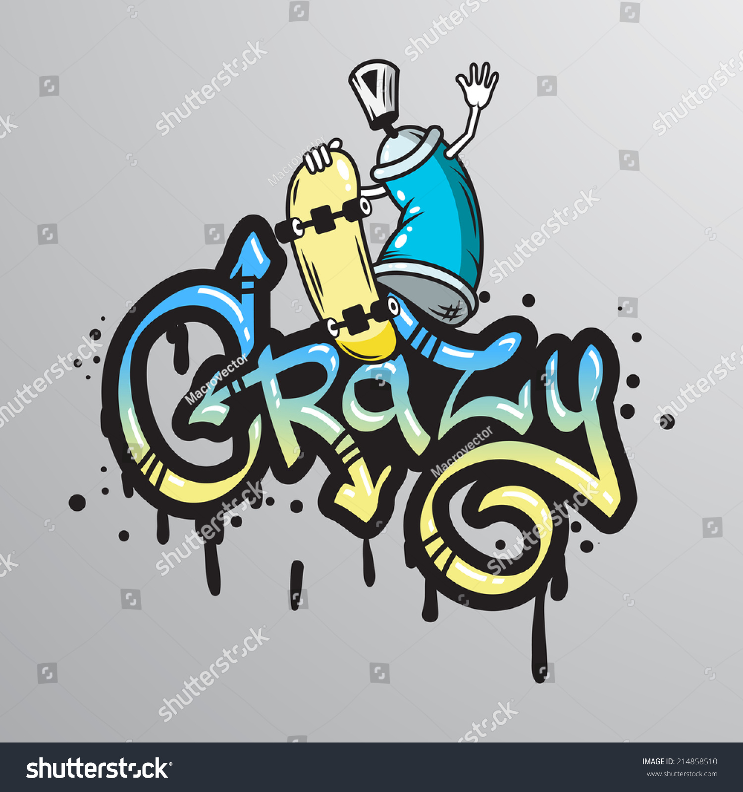 Graffiti Spray Can Crazy Character Skateboard Stock Vector