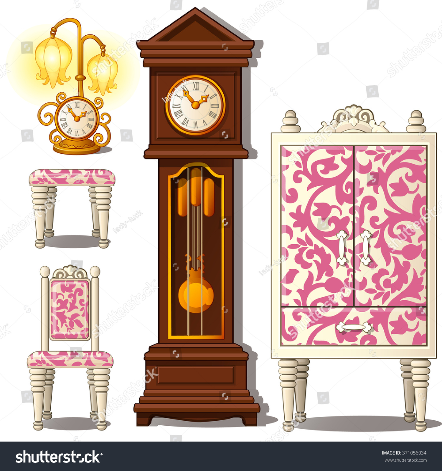 Grandfather clock and vintage furniture isolated on a white background. Vector illustration.