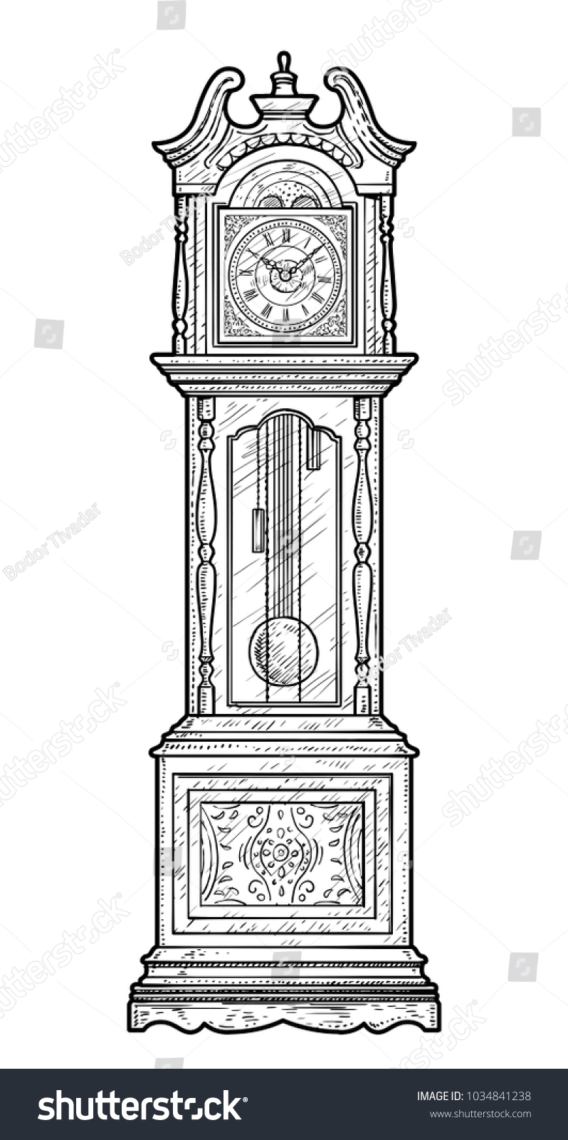 Vektor Stok Grandfather Clock Illustration Drawing Engraving Ink (Tanpa