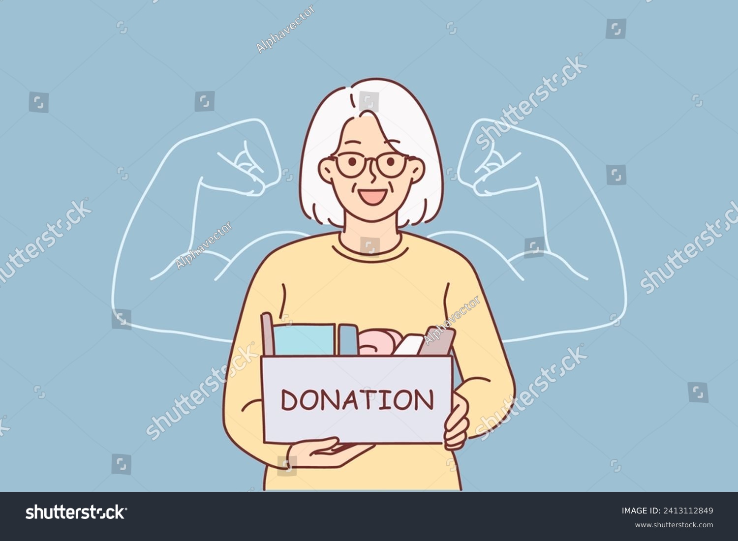 SVG of Grandmother holds donation box, wanting to help needy people in trouble, stands near phantom biceps. Concept gaining self-confidence through volunteering and collecting donation box for those in need svg