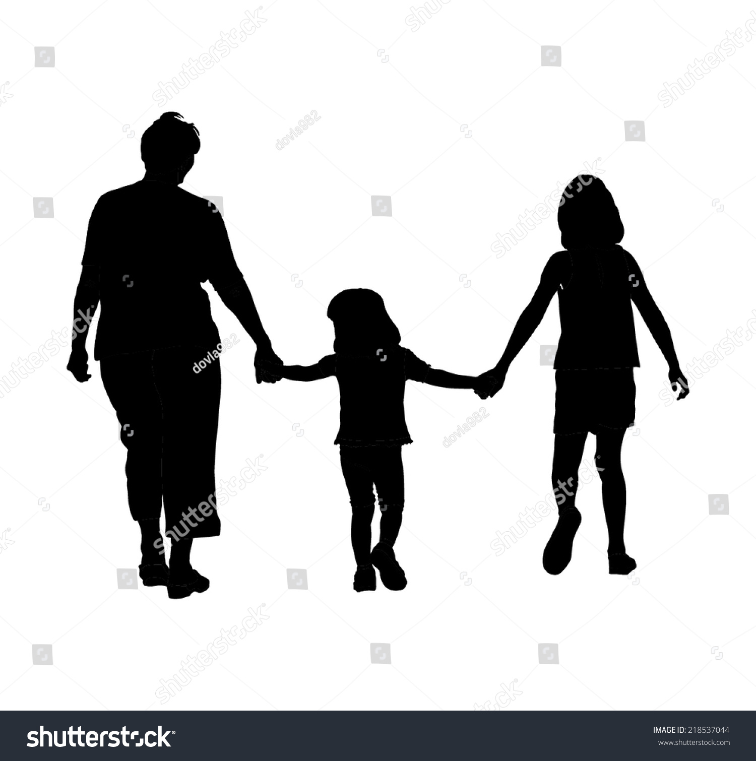 SVG of Grandmother with grandchildren walking in park vector silhouette illustration.On the way to school. svg